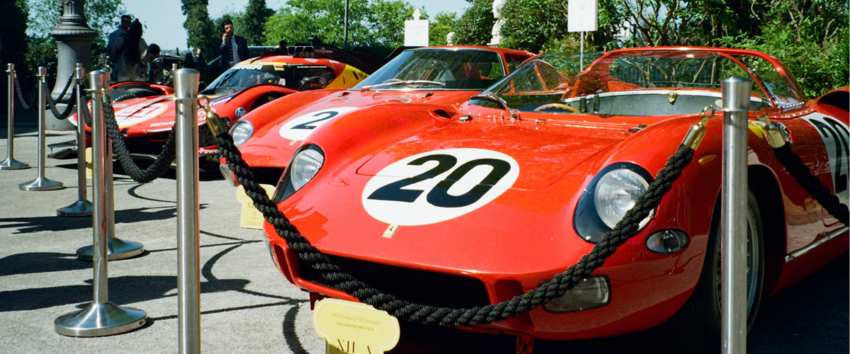 A display showing the Le Mans-winning Ferraris at Roma Anantara Concorso 2026