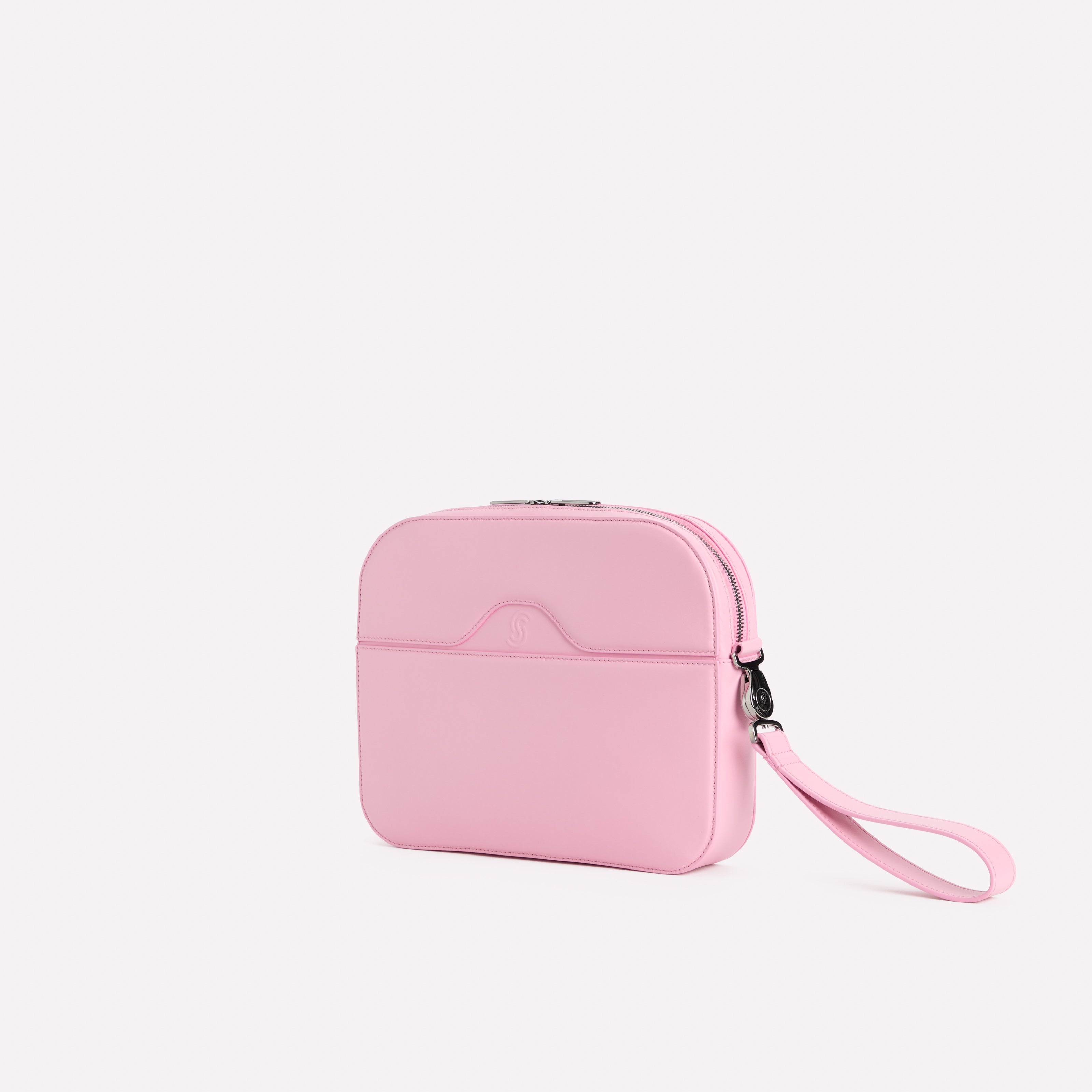 Pink pouch with a strap on a white background