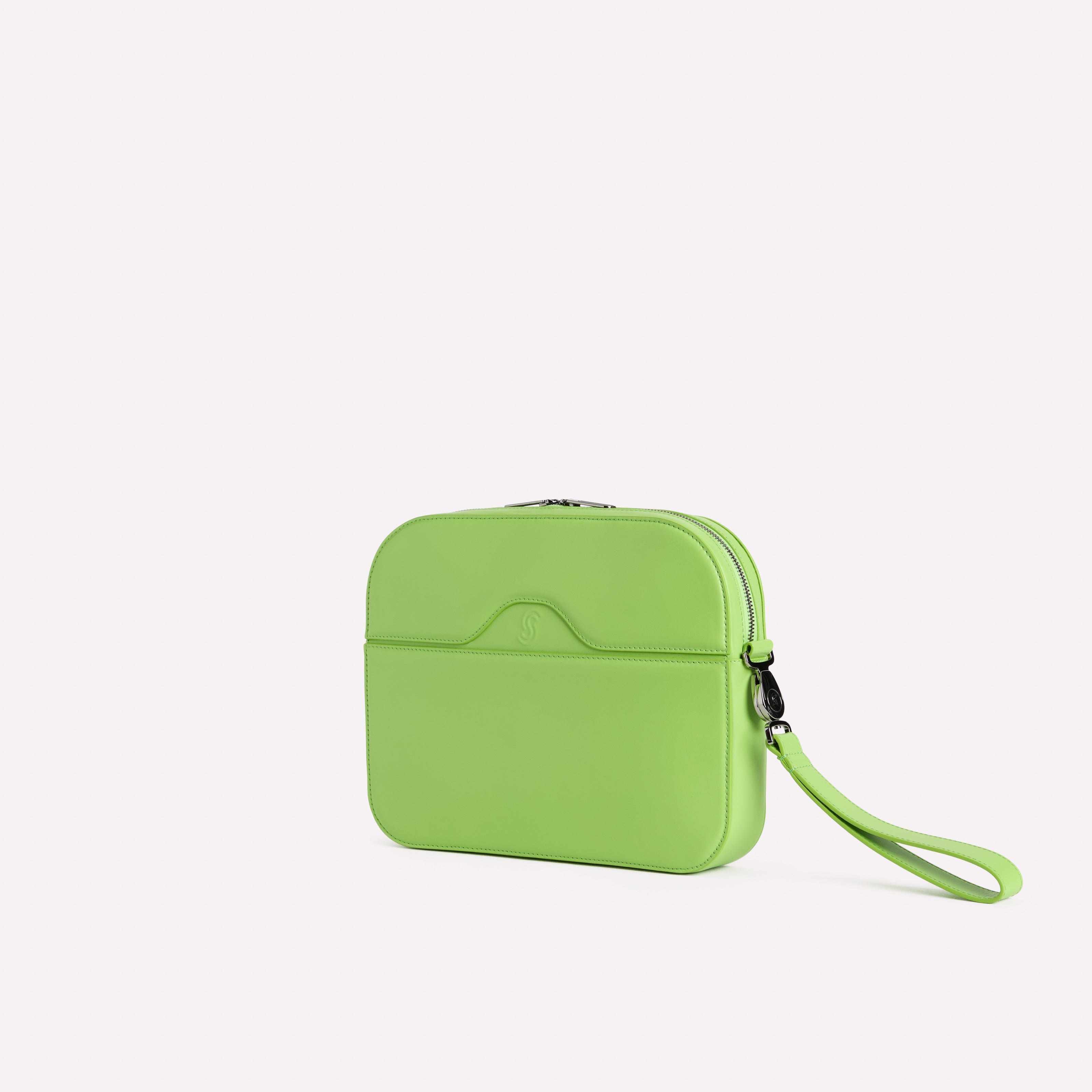 Green pouch with a strap on a white background