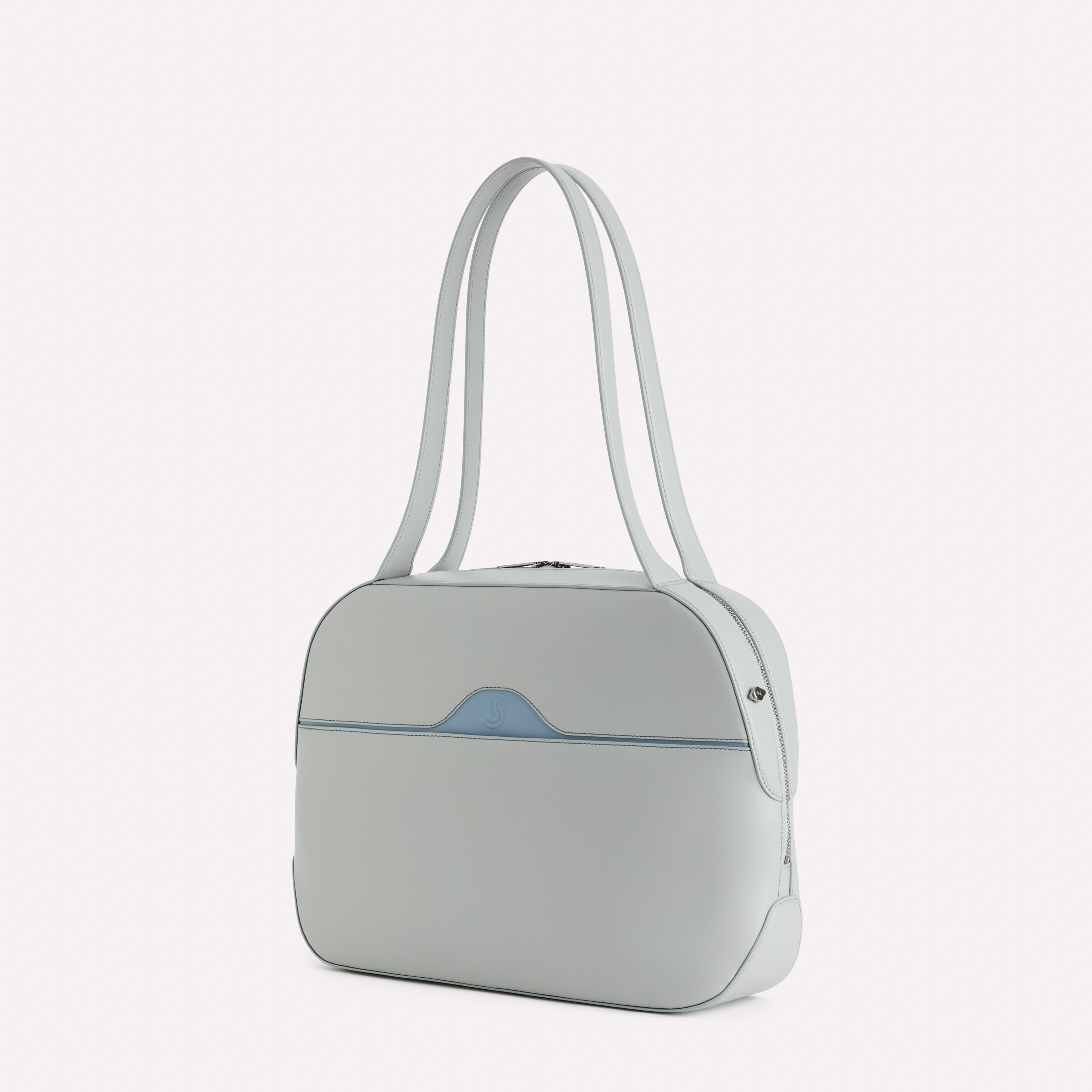 Light gray shoulder bag with a blue accent on a white background